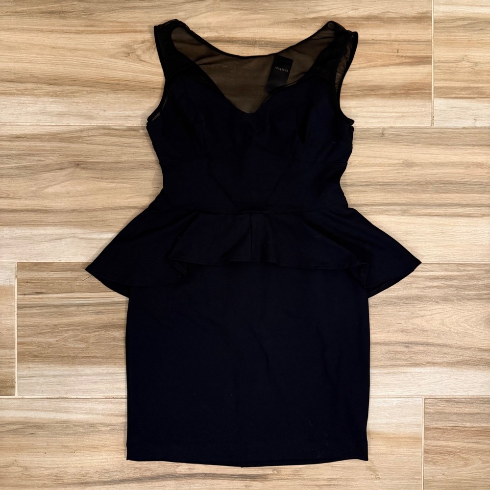 Bebe Stella Peplum Dress Black Sheer Mesh V-Neck Nouveau Riche 70B5S1010000 M